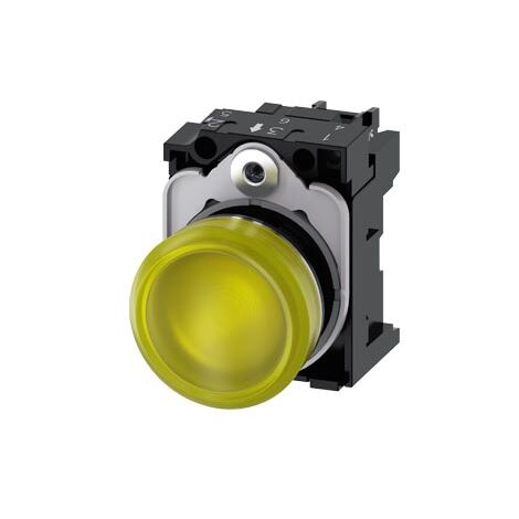 Indicatori luminosi, 22 mm, tondi, in metallo, lucidi, gialli, plastica, lisci, con supporto, modulo LED con LED integrato 110 V AC, morsetto a vite