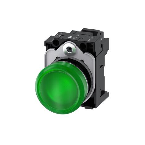 Indicatori luminosi, 22 mm, tondi, in metallo, lucidi, verdi, con lente, lisci, con supporto, modulo LED con LED integrato 24 V AC/DC, Morsetto a molla