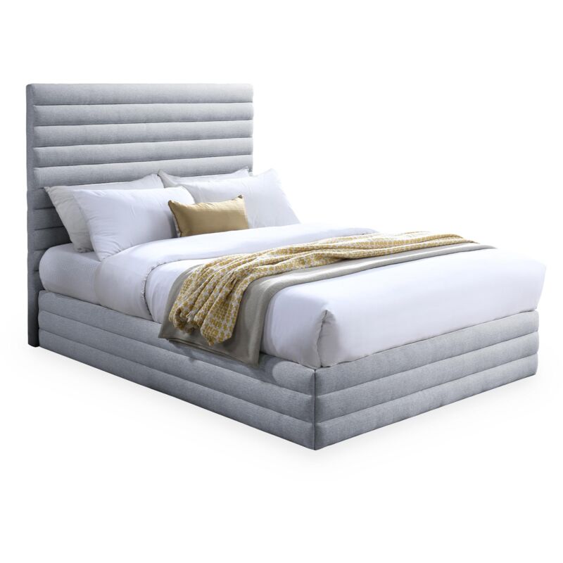 Mobilier Deco - indira - Lit double en tissu chiné gris 140x190 cm