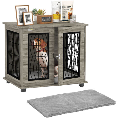 Indoor Dog Crate Furniture End Table with Soft Washable Cushion, Lockable Front Door, for Medium Dogs - Black