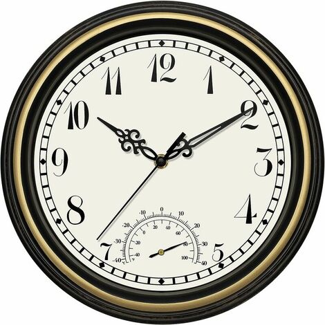Indoor Outdoor Waterproof Wall Clock with Thermometer, Retro Silent Non-Ticking Round Clock for Garden Patio Yard Bathroom Home (12 Inch, Black Gold)