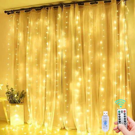 Indoor String Lights, 3m × 3m, 300 LEDs with 8 Modes Remote Control Adjustable Brightness, Ramadan Decoration, Bedroom, Window, Christmas (Warm White)