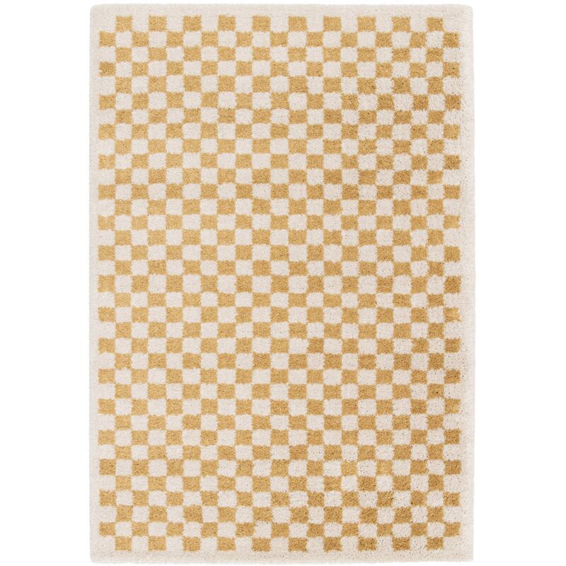 Sweeek - Indoor Teppich Shaggy Schachbrettmuster Senfgelb Und Cremefarben - 120 X 170 Cm