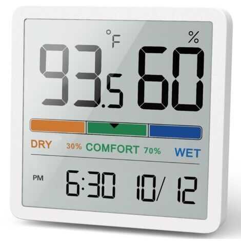 Indoor thermometer and hygrometer with temperature and humidity monitoring functions, and a clock (white).