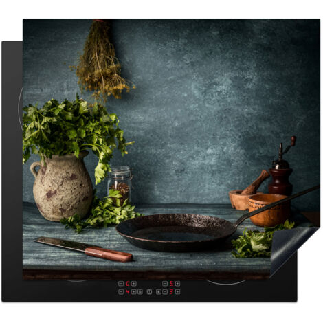 Induction Hob Protector Herbs - Spices - Pan - Knife - Gray - Rustic 59x52 cm