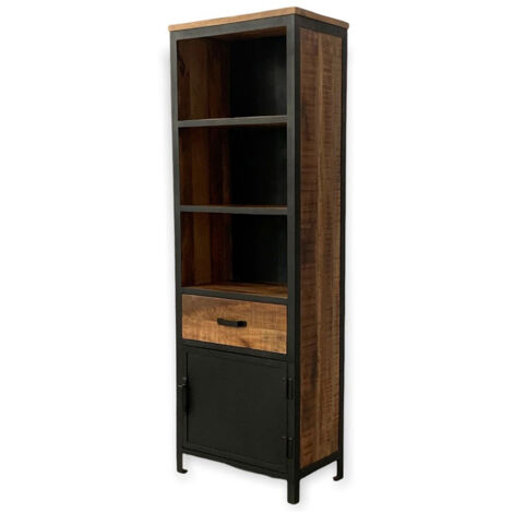 Induse 1 Drawer Large Bookcase - Mango Wood/Iron - L37 x W65 x H190 cm - PP Sawn Finish