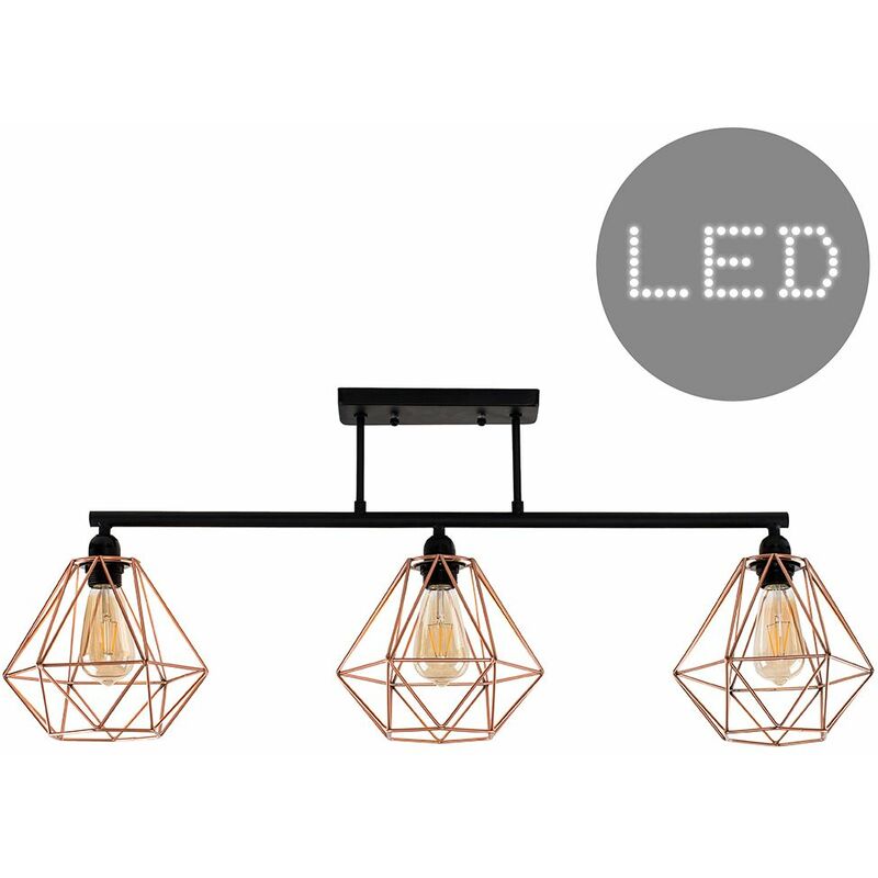 Minisun - Industrial 3 Way Bar Ceiling Light s + 4W LED Filament Bulbs - Copper