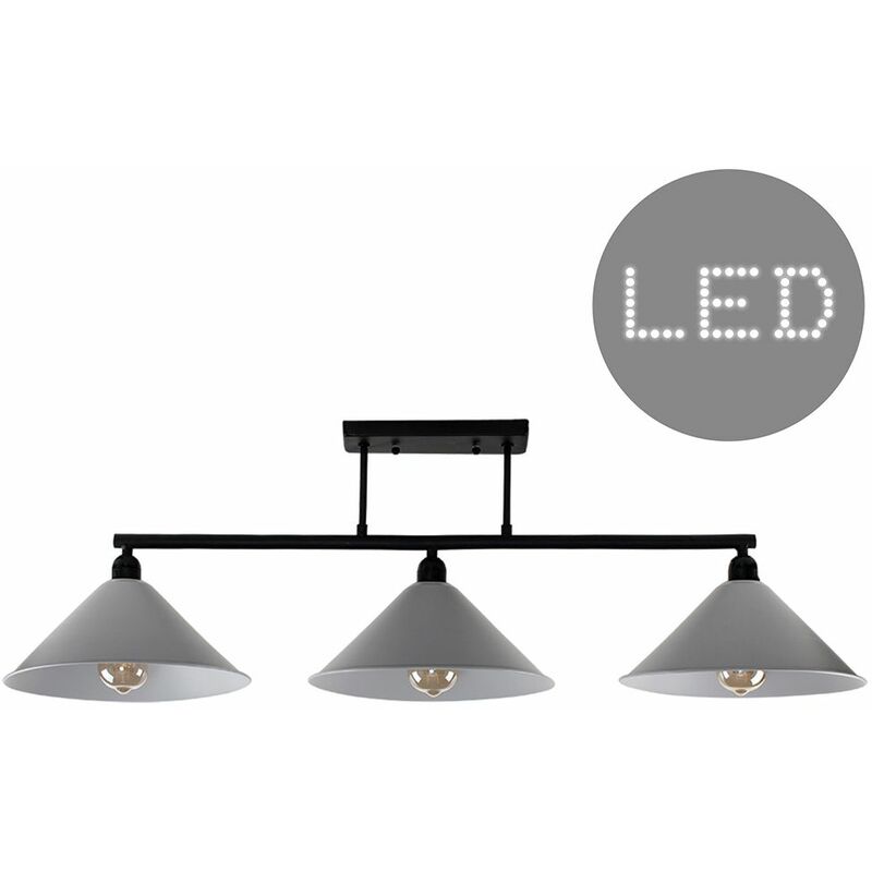 Minisun - Industrial 3 Way Bar Ceiling Light s + 4W LED Filament Bulbs - Grey