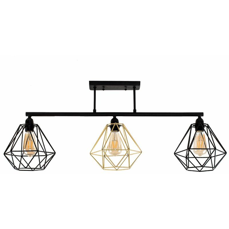 Minisun - Industrial 3 Way Bar Ceiling Light s - Black & Gold Cage Shades