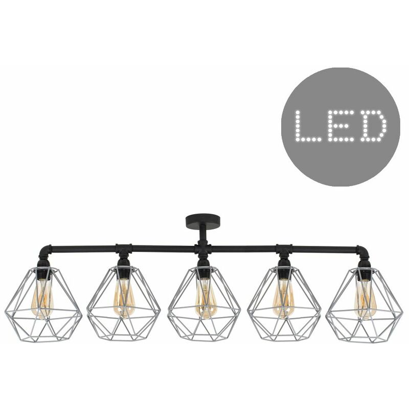 Minisun - Industrial 5 Way Bar Ceiling Light with Cage Shades + 4W LED Filament Bulbs - Grey