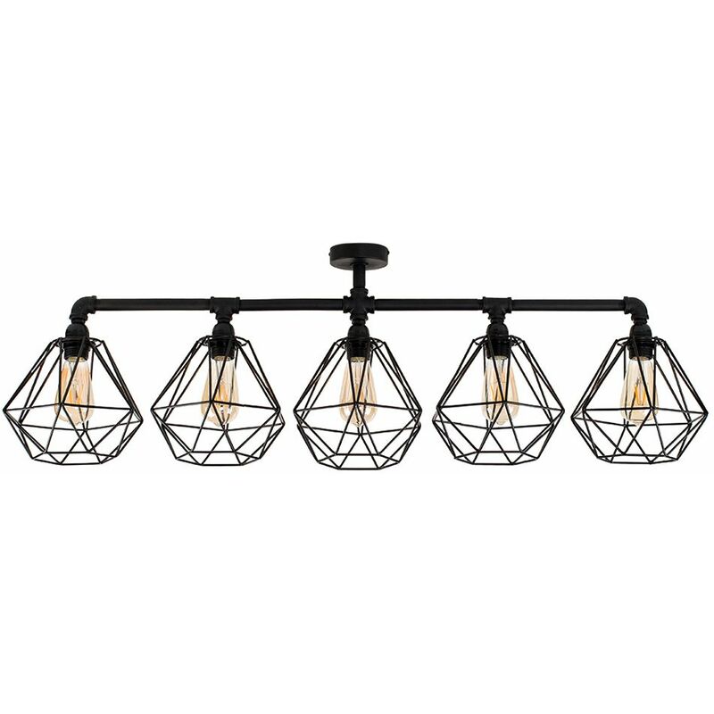 Minisun - Industrial 5 Way Bar Ceiling Light with Cage Shades + 4W LED Filament Bulbs - Black