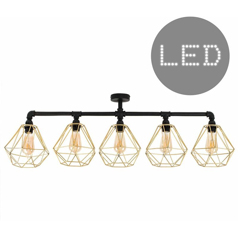 Minisun - Industrial 5 Way Bar Ceiling Light with Cage Shades + 4W LED Filament Bulbs - Gold