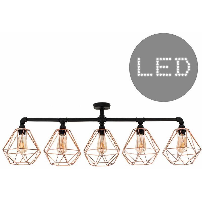 Minisun - Industrial 5 Way Bar Ceiling Light with Cage Shades + 4W LED Filament Bulbs - Copper