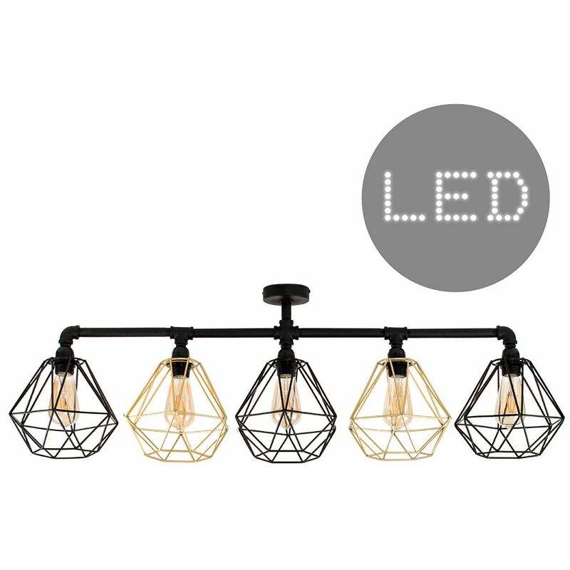 Minisun - Industrial 5 Way Bar Ceiling Light with Cage Shades + 4W LED Filament Bulbs - Black & Gold