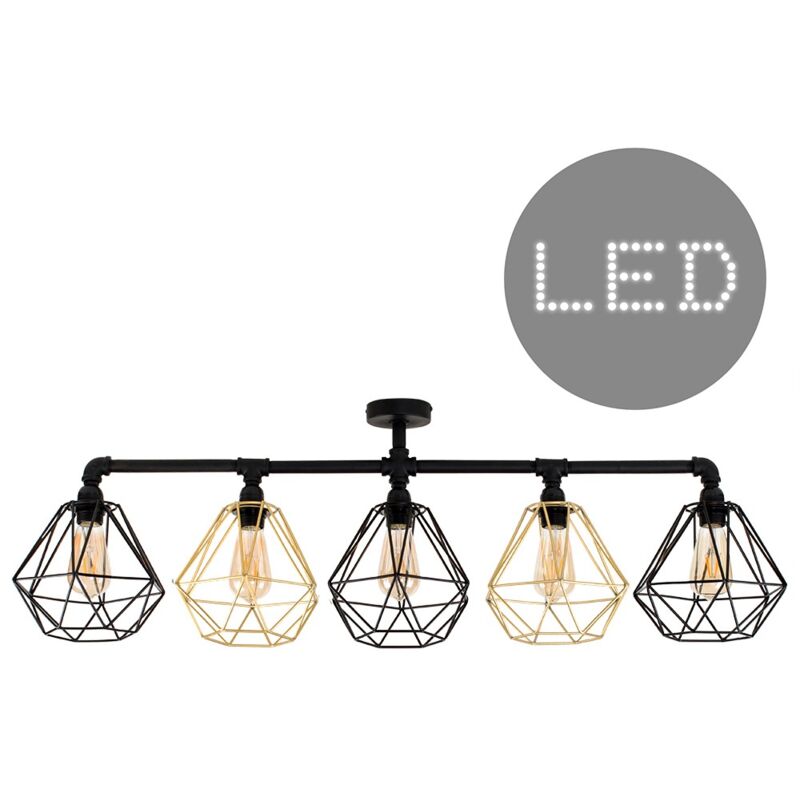 Minisun - Industrial 5 Way Bar Ceiling Light with Cage Shades + 4W LED Filament Bulbs - Black & Gold