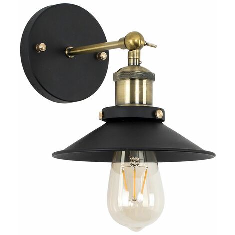 Industrial Black & Antique Brass Wall Light With Black Cone Shade - No Bulb