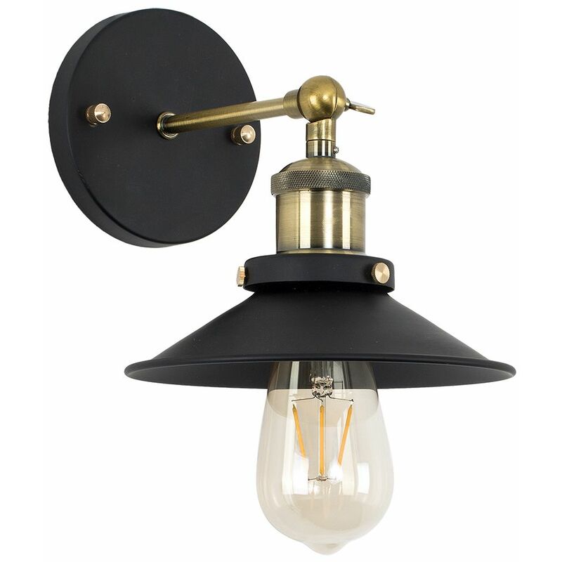 Minisun - Industrial Black & Antique Brass Wall Light With Black Cone Shade - No Bulb