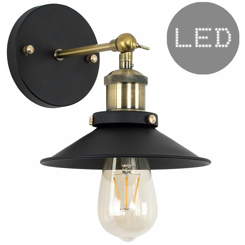 Minisun - Industrial Black & Antique Brass Wall Light With Black Cone Shade - Add LED Bulb