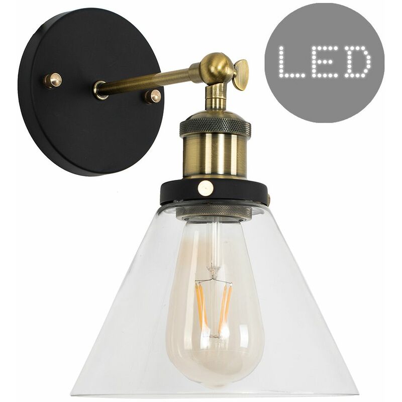 Minisun - Industrial Black & Gold Wall Light With Clear Glass Conical Light Shade - Add LED Bulb