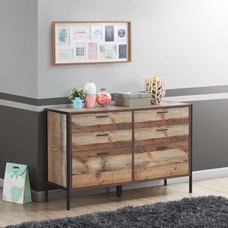 Industrial Chest of Drawers Rustic Oak 6 Drawer Bedroom Storage Metal Frame