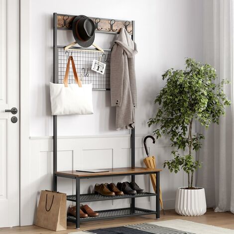 Vasagle Industrial Coat Rack Stand Shoe Rack And Bench With Grid Memo Board 9 Hooks And Storage Shelves Hall Tree With Stable Metal Frame Rustic Brown By Songmics Hsr46bx