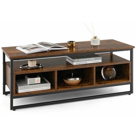Industrial Coffee Table Home Cocktail Tea Side Table Open Shelf & 3 Storage Cube