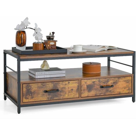 Industrial Coffee Table Wooden Center Table with 2 Storage Drawers & Open Shelf