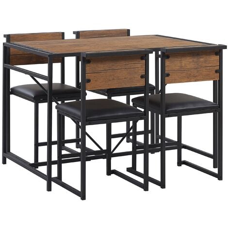 Industrial Dining Kitchen Set Table 4 Chairs Dark Wood with Black Burton - Dark Wood