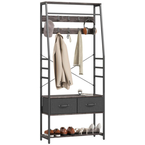 Industrial Hall Tree Coat Rack with Shoe Storage Bench, 10 Removable Hooks, 2 Fabric Drawers and Clothes Rail for Entryway Hallway Organiser