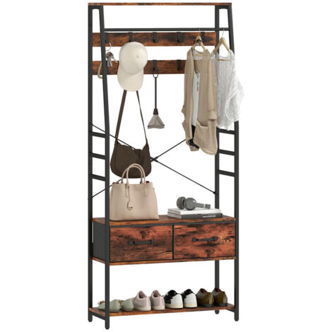 Industrial Hall Tree Coat Rack with Shoe Storage Bench, 10 Removable Hooks, 2 Fabric Drawers & Clothes Rail for Entryway and Hallway Organisation