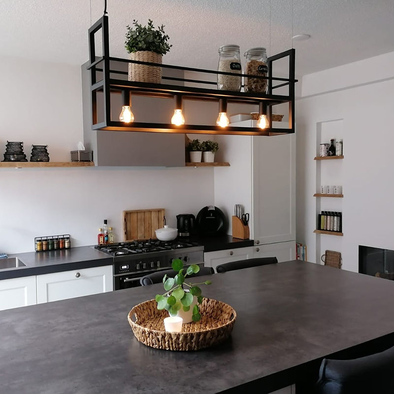 Pendant Lamp Black with Shelf 4-Light - Cage Rack