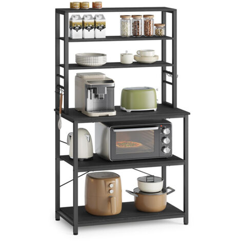 Industrial Kitchen Baker’s Rack, Coffee Bar Storage Rack with 6 Shelves, 6 Hooks & Steel Frame, Microwave Stand