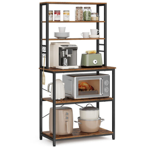 Industrial Kitchen Baker’s Rack, Coffee Bar Storage Rack with 6 Shelves, 6 Hooks & Steel Frame, Microwave Stand