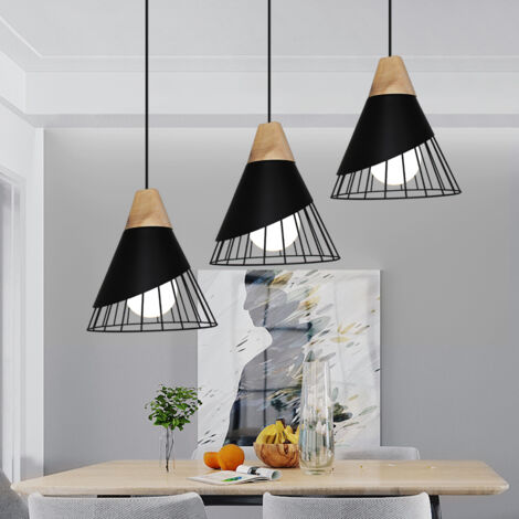 Industrial Lámpara Colgante 3 Luces con Forma de Bádminton Ø25cm, Lámpara de Techo de Metal y Madera E27 para Comedor, Cocina, Sala de Estar, Color Negro