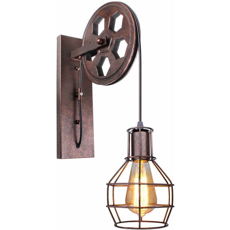 Axhup - Industrial Lámpara de Pared Retro Creativo Forma de Jaula con Polea Iluminación para Restaurante Sala de estar Dormitorio Pasillo Óxido 1 Luz