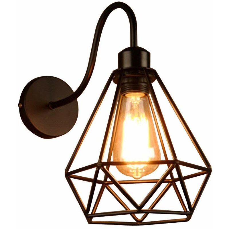 Wottes - Industrial Lighting Wall Light, Creative Retro Cafe Bar Decoration Metal Diamond Cage Flush Ceiling Lamp - Black