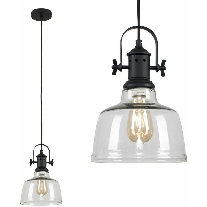 Industrial Matt Black Ceiling Light Pendant Clear Glass Tapered Shade