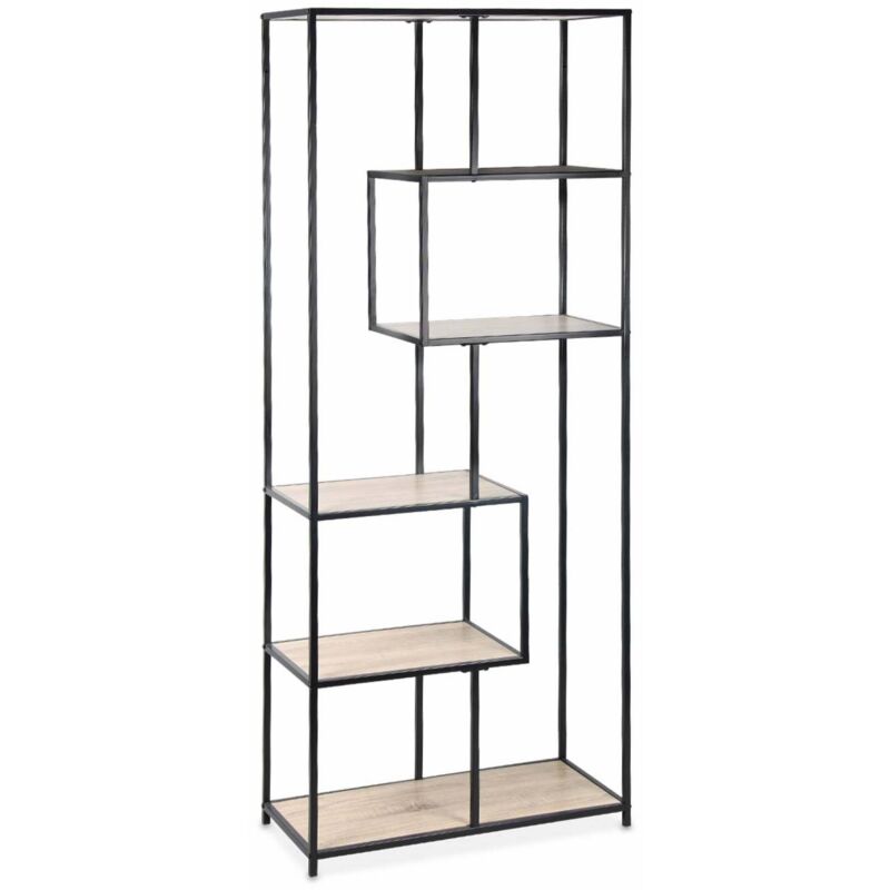 Sweeek 6-level industrial bookshelf in metal and wooden effect, Loft, Black, 77x33x185 cm
