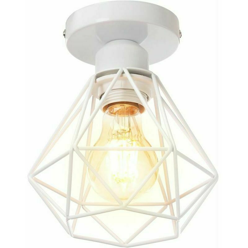 Industrial Metal Ceiling Light, White Pendant Light Vintage Style Design Retro Diamond Cage Shape for Living Room Bedroom Dining Room (Without Bulb)