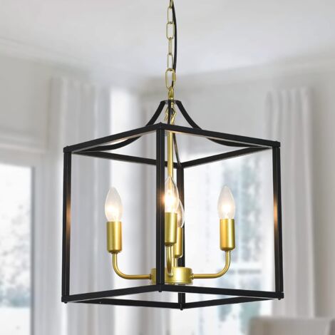 Industrial Metal Lantern Chandeliers 4-Light Adjustable Height Farmhouse Ceiling Chandelier, Rustic Gold Kitchen Island Hanging Lighting Fixture for Foyer Hallway Dining Room