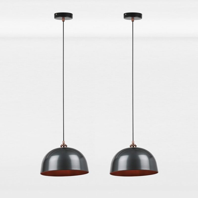 First Choice Lighting - Pair of Industrial Nickel with Copper Detail Dome Pendants