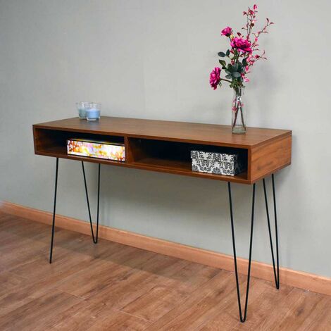 Industrial Oak Effect Console Hall Table With Metal Hairpin Legs - Brown