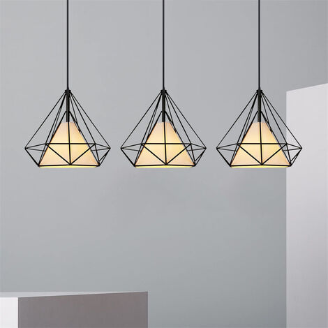 main image of "Industrial Pendant Light 3 Holders Vintage Diamond Shape Ceiling Hanging Lamp Chandelier with Metal Cage for Kitchen Island Dining Room (Black/20cm)"
