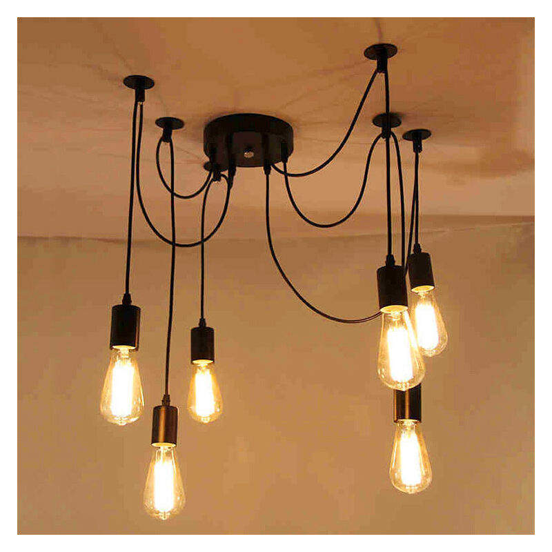 Industrial Pendant Lighting Fitting 150cm Classic Edison Pendant Lamp Vintage Ceiling Lamp 6 Lights Black Retro Spider Hanging Light E27 (Black)