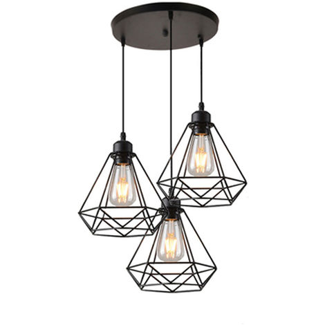 STOEX Industrial Pendant Light Retro Chandelier Diamond Ceiling Light 3 Lights for Living Room Dining Room Bar Balcony Black