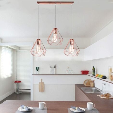 Industrial Pendant Light Rose Gold Modern Ceiling Light Vintage Chandelier Metal Iron Lamp Shade Ø20CM 3 Lights Diamond Pendant Lights
