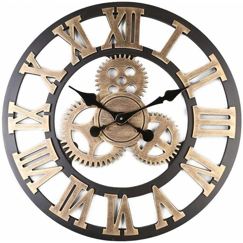 Industrial Pendulum Wall Clock 3D Vintage Wooden Clock Silent Clock for Living Room, Lobby, Bedroom, Office - Gold One Pack