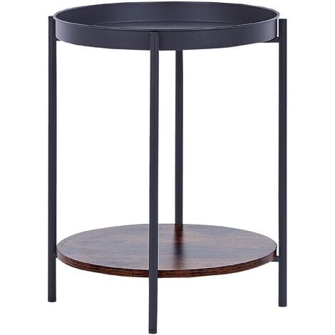 Industrial Round Side End Table Metal Shelf Tray Top Black with Dark Wood Borden