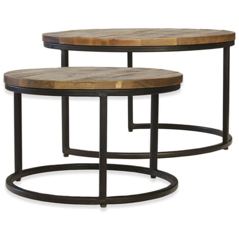 Industrial Round Stool (Set of 2) - Mango Wood/Iron - L70 x W70 x H40 cm - Mango PP Saw Finish