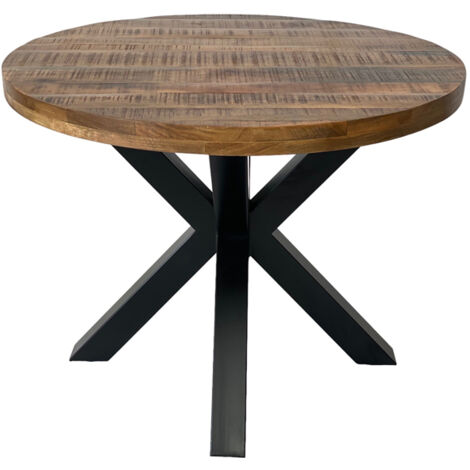 Industrial Round X Leg Dining Table - FLAT PACK LEGS - Mango Wood/Iron - L170 x W170 x H76 cm - PP Sawn Finish - Assembly Required